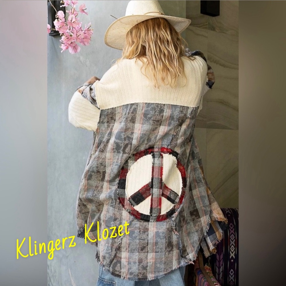 Boho Plaid Patchwork Long Shirt with Peace Sign nwot